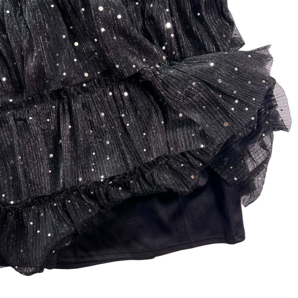 Vince Camuto Metallic Chiffon Mini Dress L Black Sheer Sleeve Tiered Sparkle - Picture 9 of 16